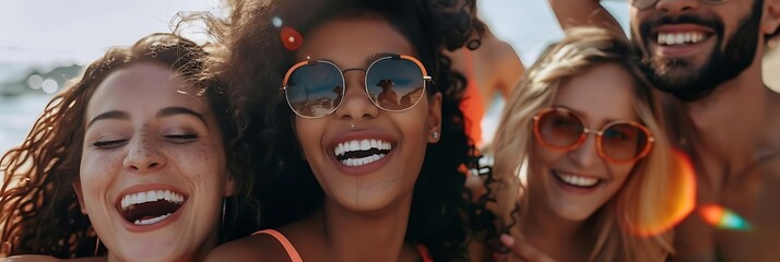 group of friends having fun and laughing together at a summer party