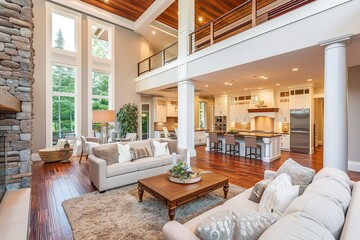 Wall Mural - Beautiful and large living room interior with hardwood floors and vaulted ceiling in new luxury home. View of Kitchen, entryway, and second story loft style area.