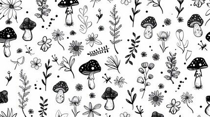 Wall Mural - Doodle hand drawn autumn seamless pattern. Doodle mushroom.