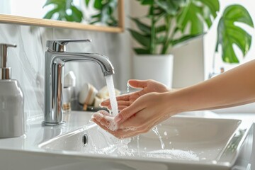 Girl washing hands at bathroom sink closeup. Unknown woman rubbing fingers under faucet at ceramics wash basin. Young lady cleaning arms alone at light modern apartment. Basic home hygiene concept