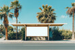 © Irina B - Bus stop with blank billboard framed by palm trees on a sunny day, urban street with tropical vegetation; mockup