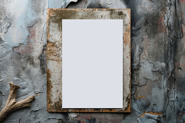 Wall Mural - White blank paper on a textured wooden surface with gray and white peeling paint, decorated with a small piece of driftwood; mockup
