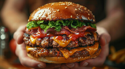 Wall Mural - A large juicy and tasty meat hamburger close-up is held in hands before serving