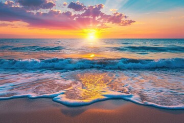Beautiful colorful sunset over the sea with wave on sand beach, summer landscape