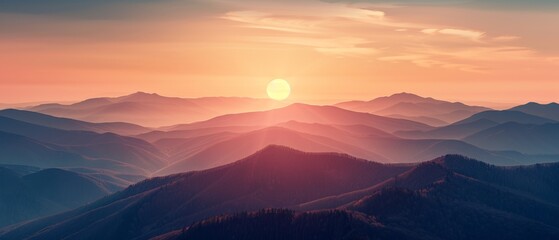 breathtaking view of sunrise over misty mountains with colorful sky, creating a tranquil and serene 