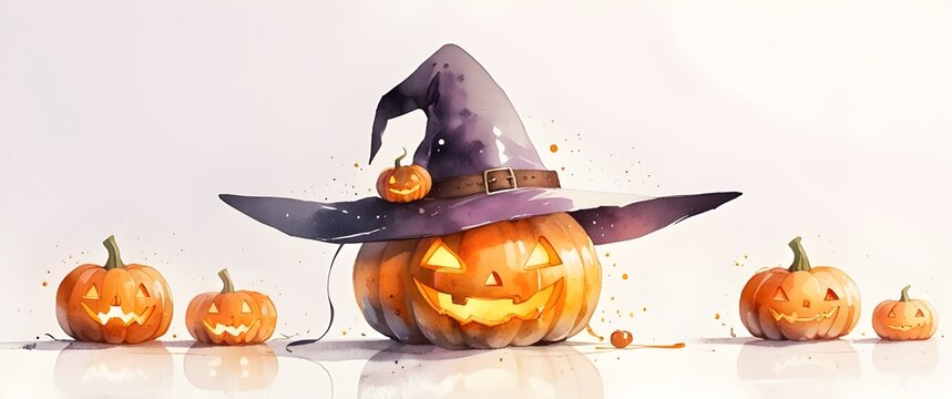 Beautiful Halloween pumpkin watercolor painting. Halloween pumpkin and witch hat. Generative AI