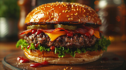 Big juicy and tasty meat hamburger close-up