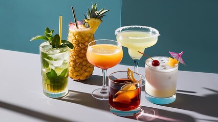 Wall Mural - Variety of different cocktails on grey background