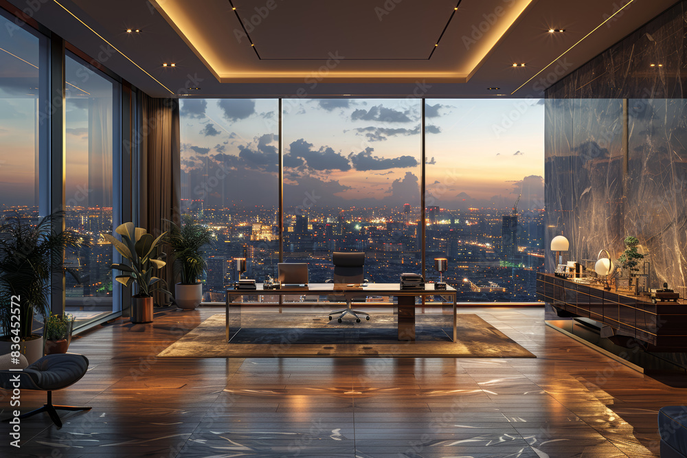 A modern office with sleek furniture and large windows overlooking the ...