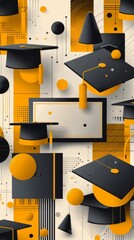 Stylish Abstract Graduation Design with Caps, Diplomas and Patterned Background - A Celebration of Academic Achievement