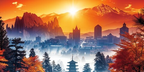 Wall Mural - Breathtaking Sunrise Over Mystical Mountain Village with Pagoda and Majestic Autumn Foliage in a Serene Misty Landscape