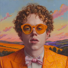Wall Mural - Portrait of a man in an orange suit and sunglasses with a Jheri curl hairstyle