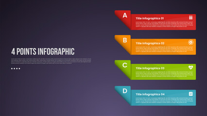 Sticker - 4 points or step process infographic with vertical stack rectangle box container on right column with modern dark style for slide presentation