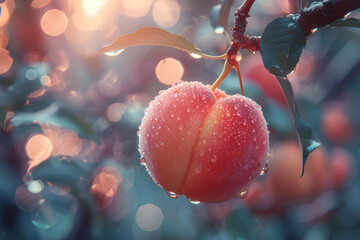 Wall Mural - A ripe, juicy peach hanging from a laden branch, its blush-red skin tempting passersby with promises of sweet indulgence. Concept of orchard abundance. Generative Ai.