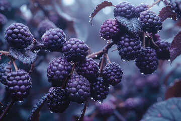 Canvas Print - A tangle of wild blackberries clinging to thorny brambles, their deep purple hue inviting foragers to brave the prickly vines. Concept of untamed bounty. Generative Ai.