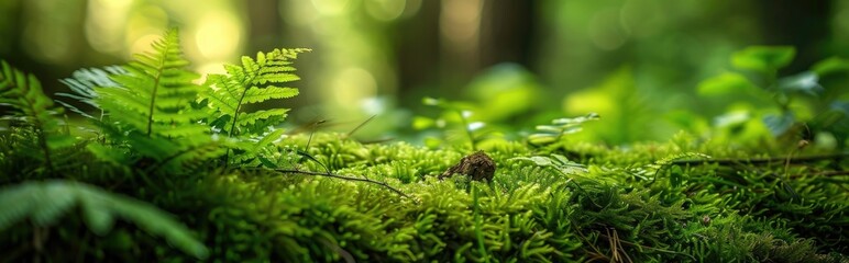 Canvas Print - Beautiful moss and ferns in the forest banner background with copy space, close up