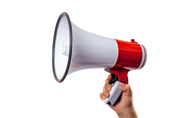 A person is holding a microphone with a red and white design