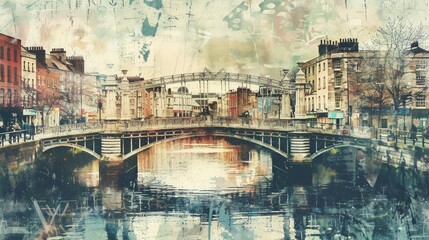  Collage of Dublin with Ha'penny Bridge, vintage advertising art, soft shimmer arises from aqueous paths