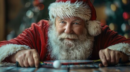 Santa Claus playing table tennis. Christmas holiday and leisure concept.