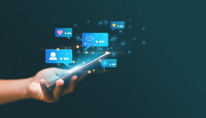 Social media connecting concept. Businessman using smartphone for connect to social media internet network. Chat with ai, message, and other application on online network.