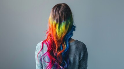 Wall Mural - Woman hair as rainbow color splash. Beautiful young woman model. 