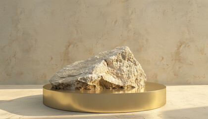 Poster - Gold White Stone And Rock Shape 3d Render Illustration: Round Podium For Brand Product Exhibition With Mockup Template For Ads Design.