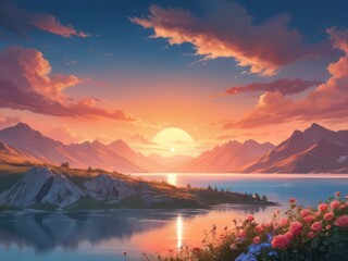 Wall Mural - sunset with flower