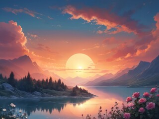 Wall Mural - sunset with flower