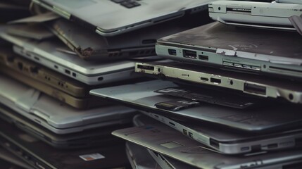 Poster - Close shot of old laptops stacked, electronic recycling, overcast light, high detail 