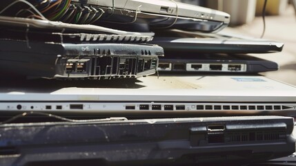 Wall Mural - Close shot of old laptops stacked, electronic recycling, overcast light, high detail