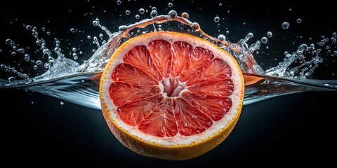 Grapefruit with water droplets and half submerged in water on a black background - Generative AI