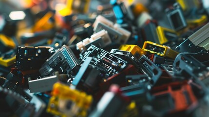 Heap of electronic parts, close view, varied colors, sharp detail, evening light 
