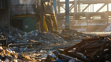 Canvas Print - Close-up of industrial waste management facility, varied debris, morning light