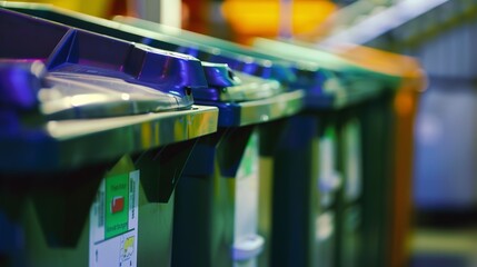 Poster - Detailed view of recycling bins in facility, close-up, vibrant labels, soft artificial light