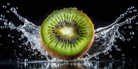 Kiwi with water droplets and half submerged in water on a black background - Generative AI