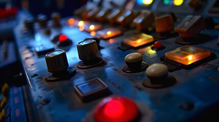 Poster - Recycling facility control panel, close view, buttons lit, dim evening light e