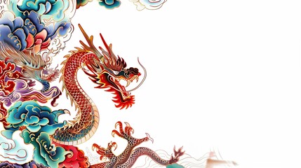 Wall Mural - only the text in empty space, a chinese dragon is flying in the sky, traditional Chinese evant, yarn handmade lace weaving pattern, red blue purple black brown colors