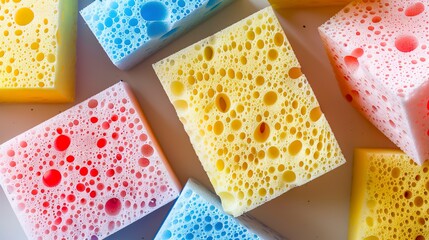 Sticker - Close view of biodegradable cleaning sponges, assorted colors, sharp detail, natural light 