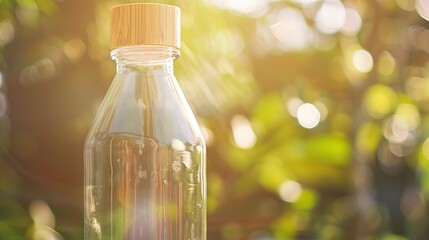 Wall Mural - Tight view of a reusable glass bottle with a bamboo lid, clear focus, vibrant background, sunlight filtering. 