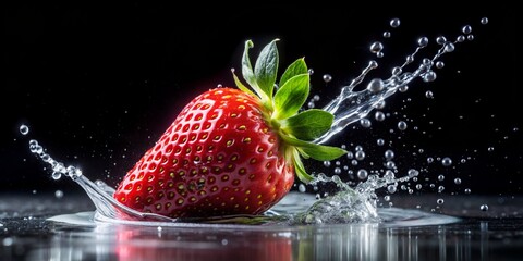 Wall Mural - A strawberry with water droplets and half submerged in water on a black background - Generative AI
