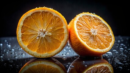 Wall Mural - Two half sour oranges with water droplets and half submerged in water on a black background - Generative AI
