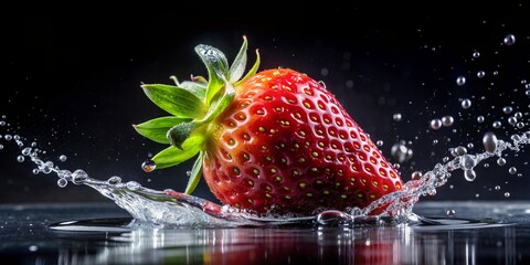 Wall Mural - A strawberry with water droplets and half submerged in water on a black background - Generative AI
