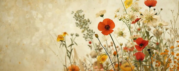 Wall Mural - botanical background with colorful wildflowers, including orange, yellow, and red blooms, set against a white wall