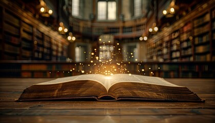 A book is open to a page with a glowing light on it