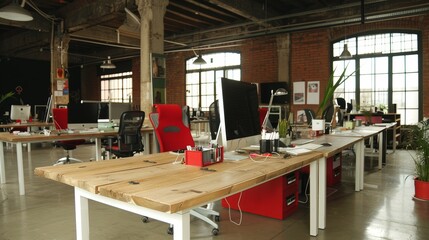 Wall Mural - A spacious and modern open-plan office space featuring wooden desks, ergonomic chairs, and large windows providing ample natural light