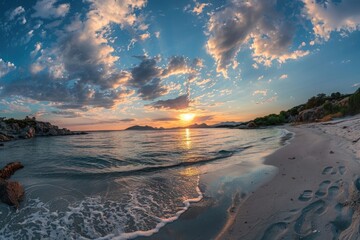 Wall Mural - Beautiful sunset over the sea with lovely clouds and blue sky. Beautiful beach in Sardinia, Italy at summer time. Landscape photography. Wide angle lens natural lighting.