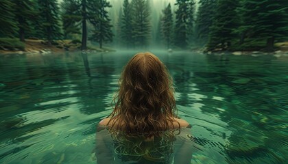 a woman is swimming in a lake with her hair wet
