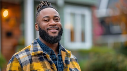 A young man wearing a stylish yellow and black plaid jacket and denim shirt smiles confidently while standing outdoors in a vibrant neighborhood