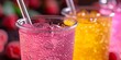 © aicandy - Two vibrant, fizzy drinks in clear plastic cups, complete with straws, highlighting a close-up of colorful, carbonated beverages with bubbles against a bright background