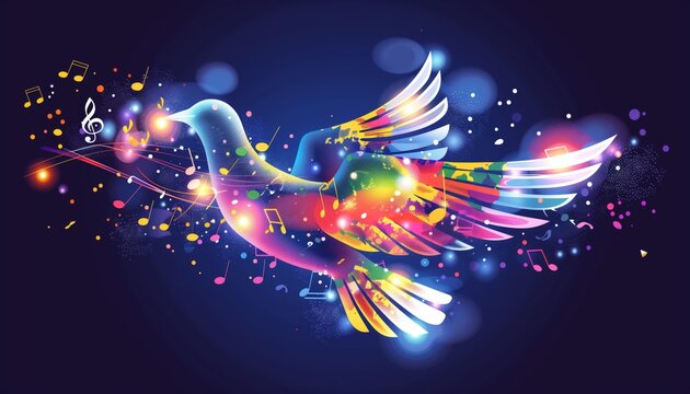 Abstract wave dove silhouette musical notes and shining lights, colorful bright light effect